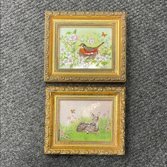 Lorraine Trester Other - Vintage Lorraine Trester Enamel-on-Copper Baby Dear Bird Sweet Floral Artwork